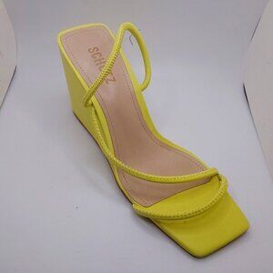 Schutz Citron yellow All leather Square Toe Kiki Wedge Sandals Size 8B